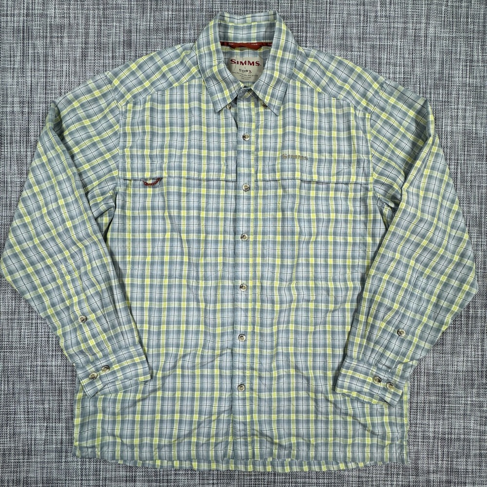 Simms COR3 Fishing Shirt Mens Large Blue Yellow Plaid Long Sleeve Button Front